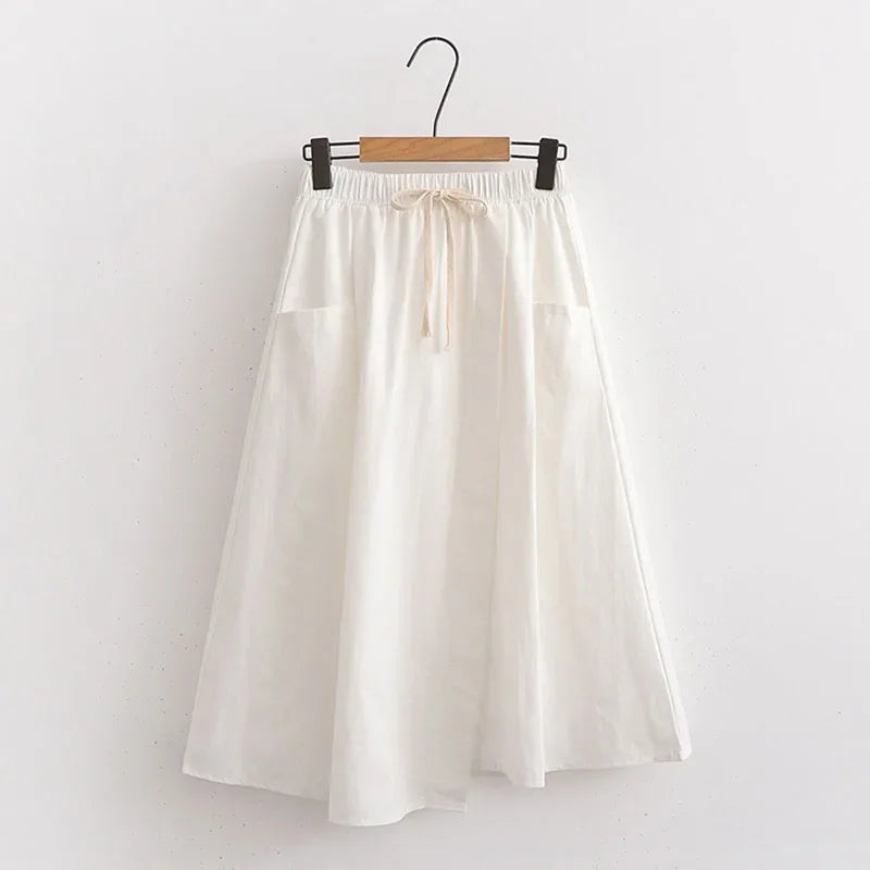 Elegant Vintage Women Skirt Summer Korean Style Solid Elastic High Waist Midi Long Skirt With Belt Female Office Ladies Wear