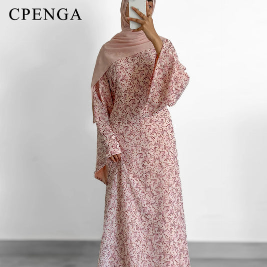 Dubai Style Luxury Abaya Muslim Woman Dress Floral Printed Long Robe with Wide Sleeves Modest Kaftan Islamic Evening Wear