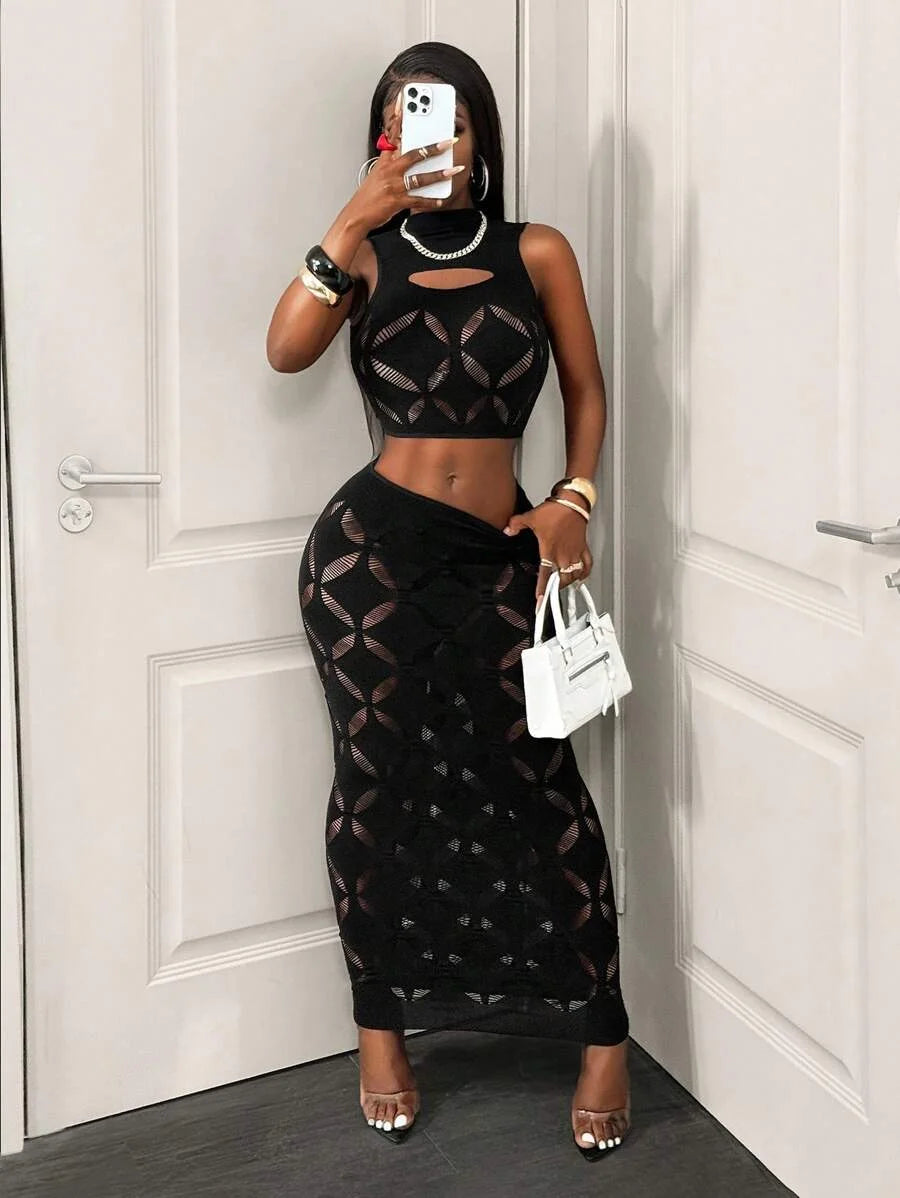 FHSEER Plus Size 2 Piece Women Sexy Mesh Crop Tank High Waist Bodycon Mini Skirt