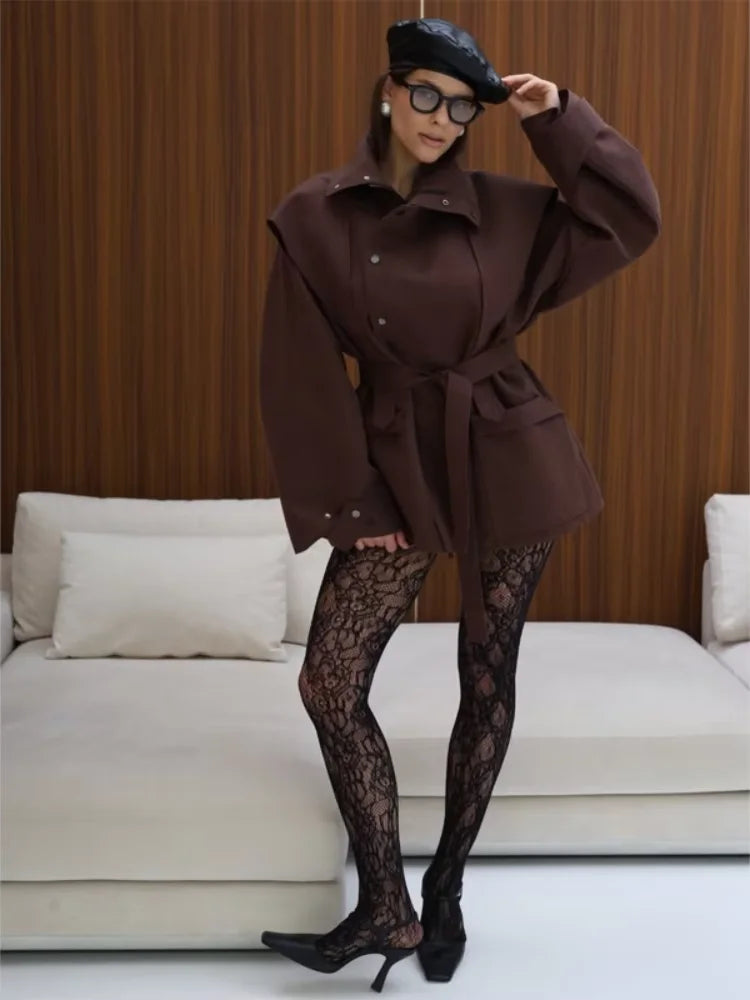 Solid Oversized Tie-waist Cropped Trench Coat Women Drop Shoulder Outerwear 2026 Lady Spring Modern Edgy Fashion Streetwear Coat