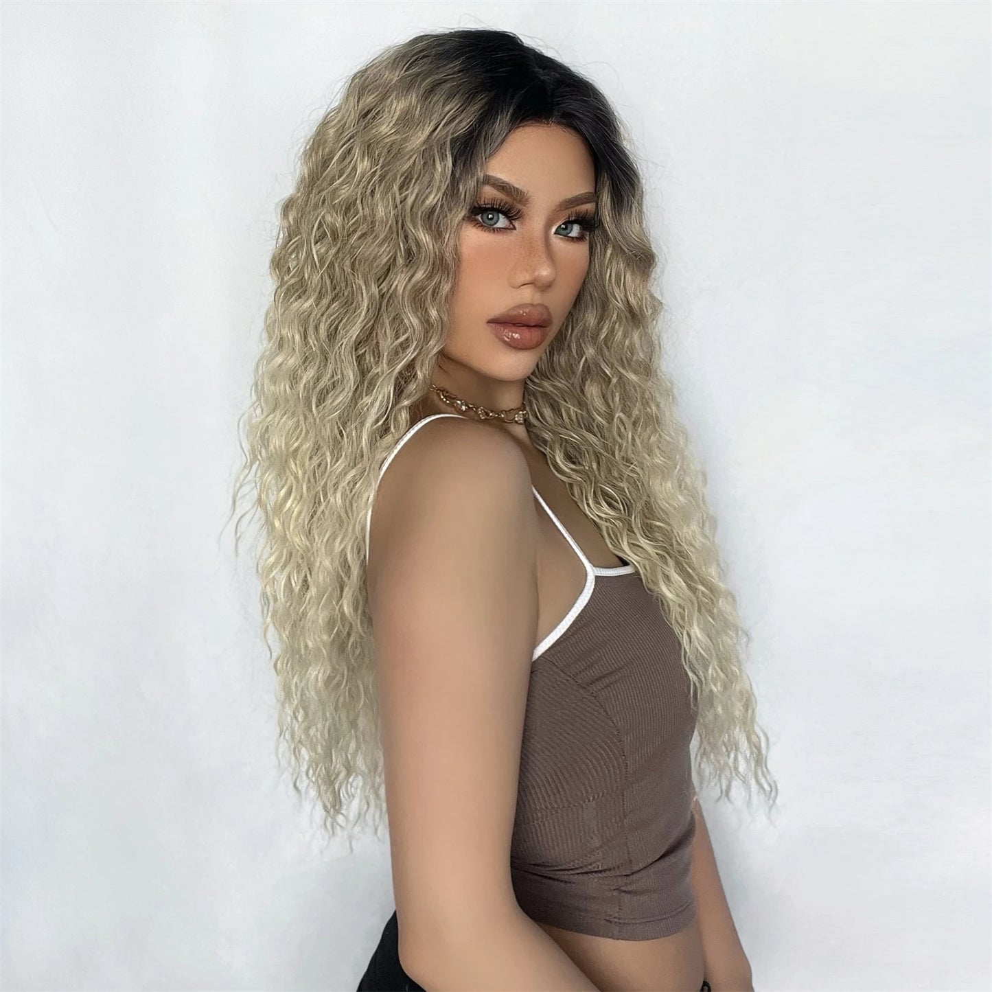 Long Afro Kinky Curly Lace Front Synthetic Wigs Brown Blonde Ombre Wig Dark Root Transparent Deep T Part Lace Wig for Women Use