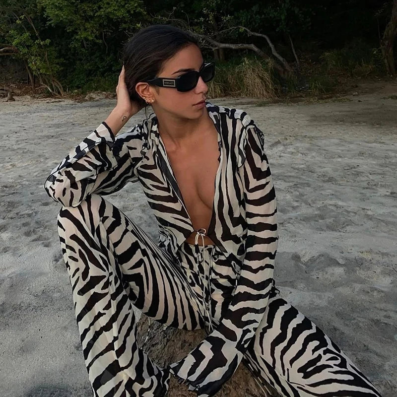 Cryptographic Animal Print Mesh Sheer Stripe Tie Front Detail Top Matching Sets Fashion Outfits 2 Piece Sets Holiday Beachwear