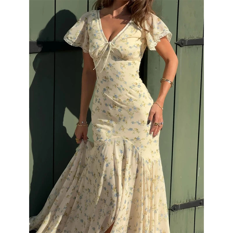 Vintage Print High Neck Midi Dress Belted Waist Bell Sleeve Flared Hem 2026 Summer Spring Chic Women Elegant Wedding Guest Gown