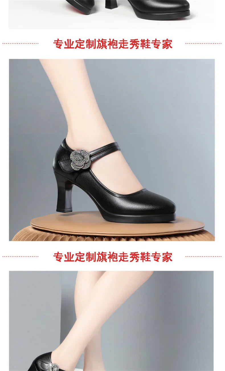 Women's Pumps Pointed Toe Office Soft Leather Flower Buckle Strap Platform High Heels Four Season Shallow Mouth Single Shoes