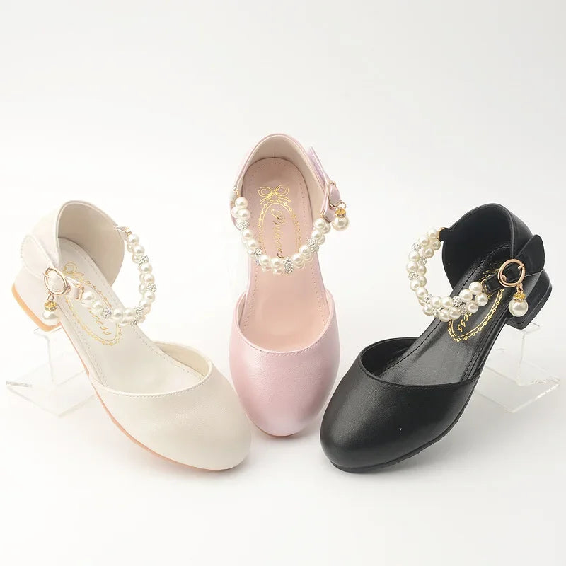 Pink Black White Party Wedding Shoes Children's High Heels Girl Shoe Elegan Pearl Princess Dress Girls Heel Shoes Child 2024 New