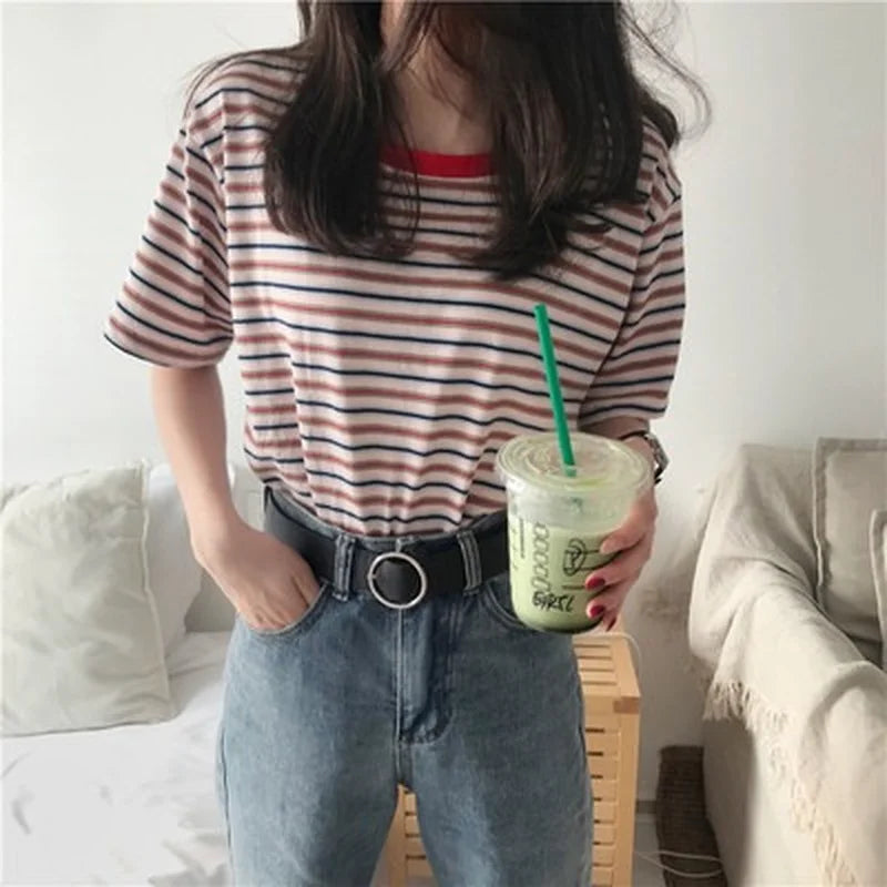 MRMT 2026 Brand New Women's Striped t-Shirts Contrast Color Striped Women t Shirt Loose Woman Bottoming Shirts Tops Tees
