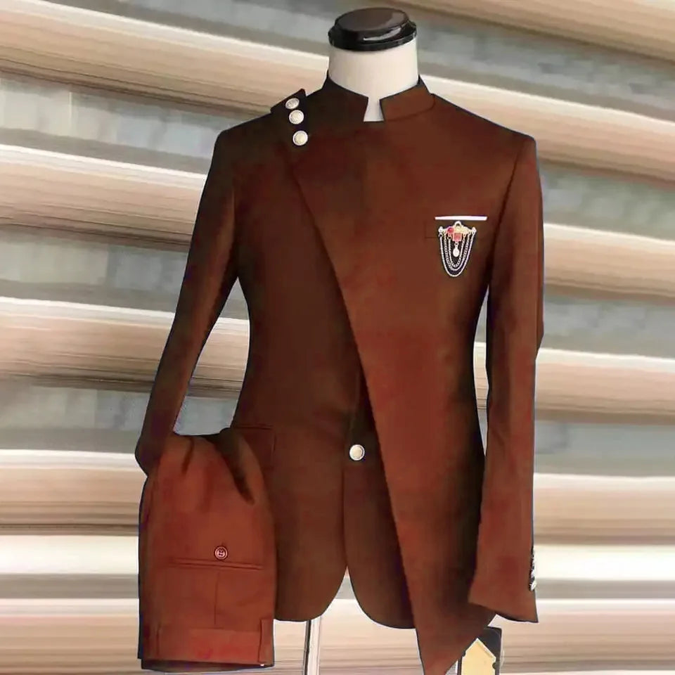Men Blazer Suits 2 Piece Set Party Coat Straight Pants Ensemble Stand Collar Buttons Trousers Suit Jacket Outfits Autumn 2025