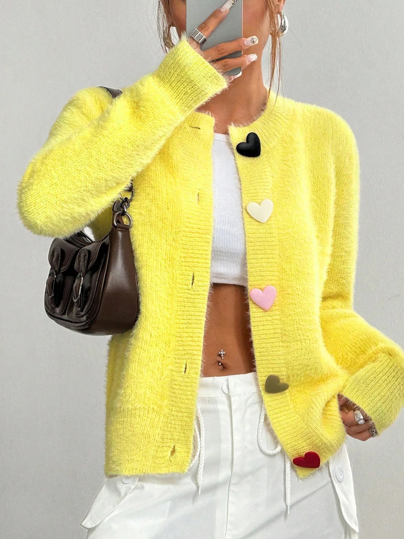 Autumn Winter Fashion Yellow Cardigan Women Heart Button Long Sleeve Knit Sweater Outerwears