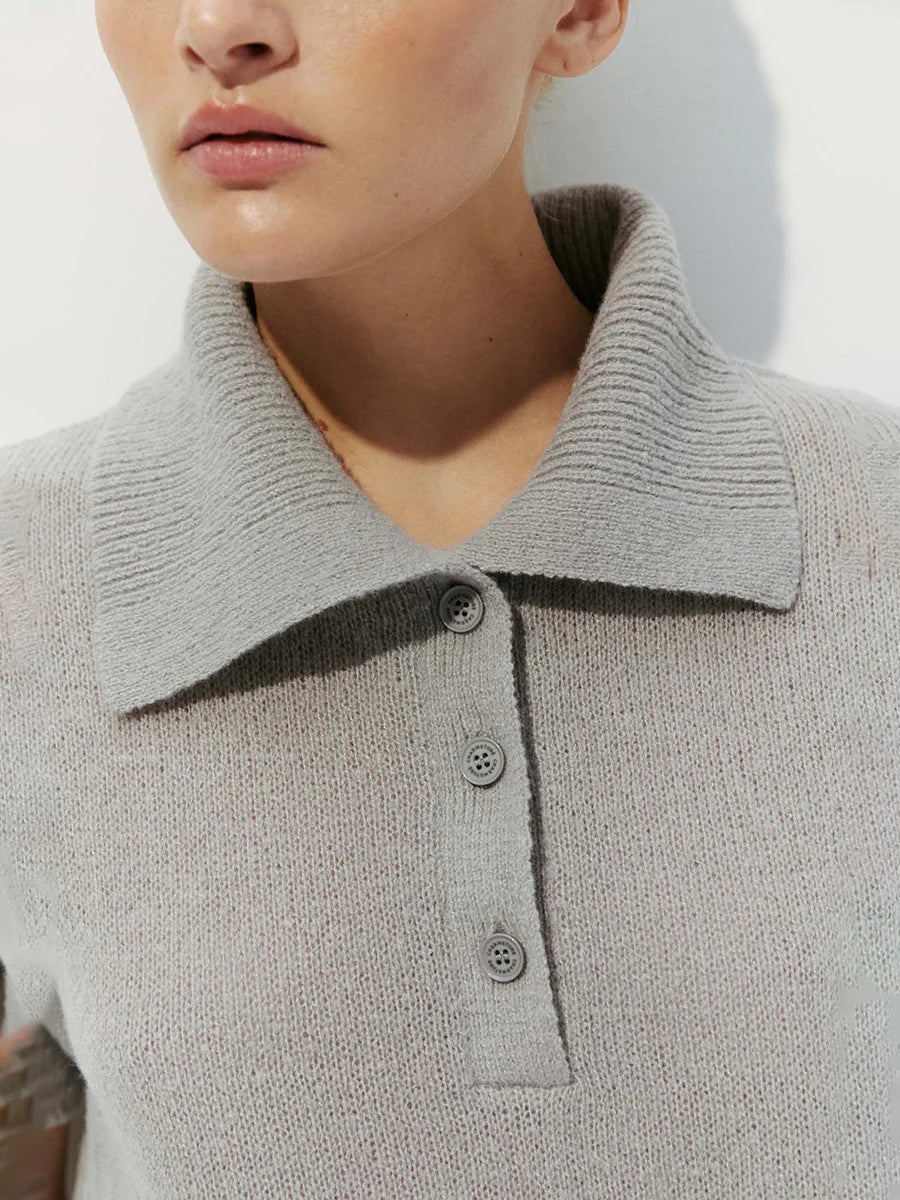 Bronladies Women's Polo Hollow Knitted Short Sleeved Sweater Spring Summer Bubble Sleeve T-shirt Female Simple Knitted Sweater
