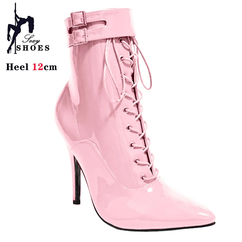Cross-tied Pink Pointed Toe Ankle Boots 12cm Sexy Fetish Stripper Shoes Patent Leather ZIP Short Boots Women Heels Plus Size 46
