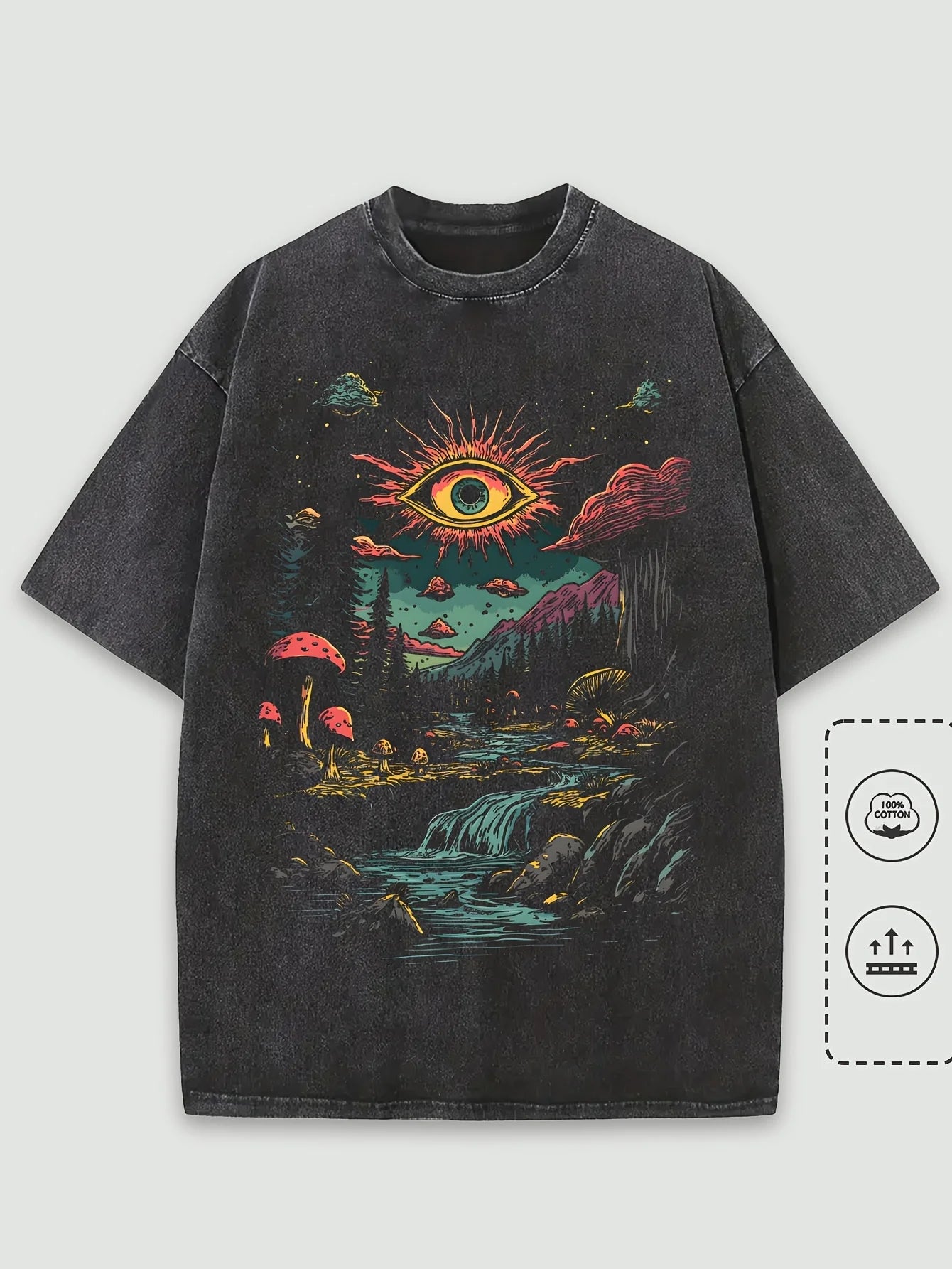 Vintage Men's Washed Cotton Graphic T-Shirt Dark Fantasy Forest Glowing Sun Eye Print Soft Streetwear Top Tee Unisex