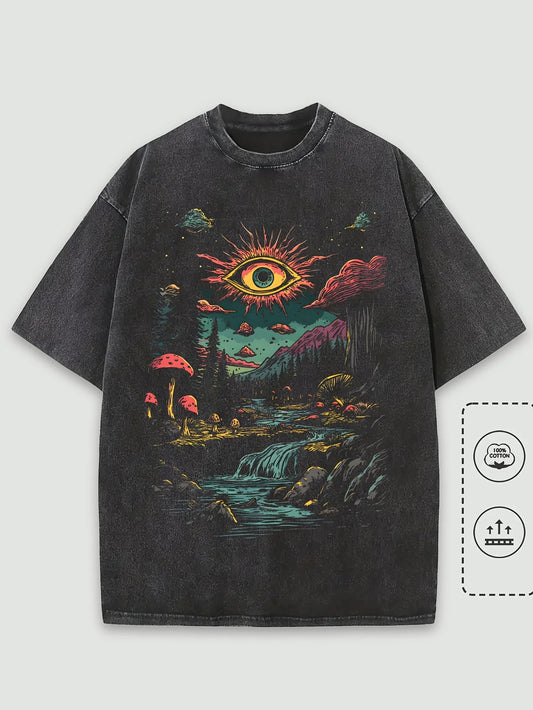 Vintage Men's Washed Cotton Graphic T-Shirt Dark Fantasy Forest Glowing Sun Eye Print Soft Streetwear Top Tee Unisex