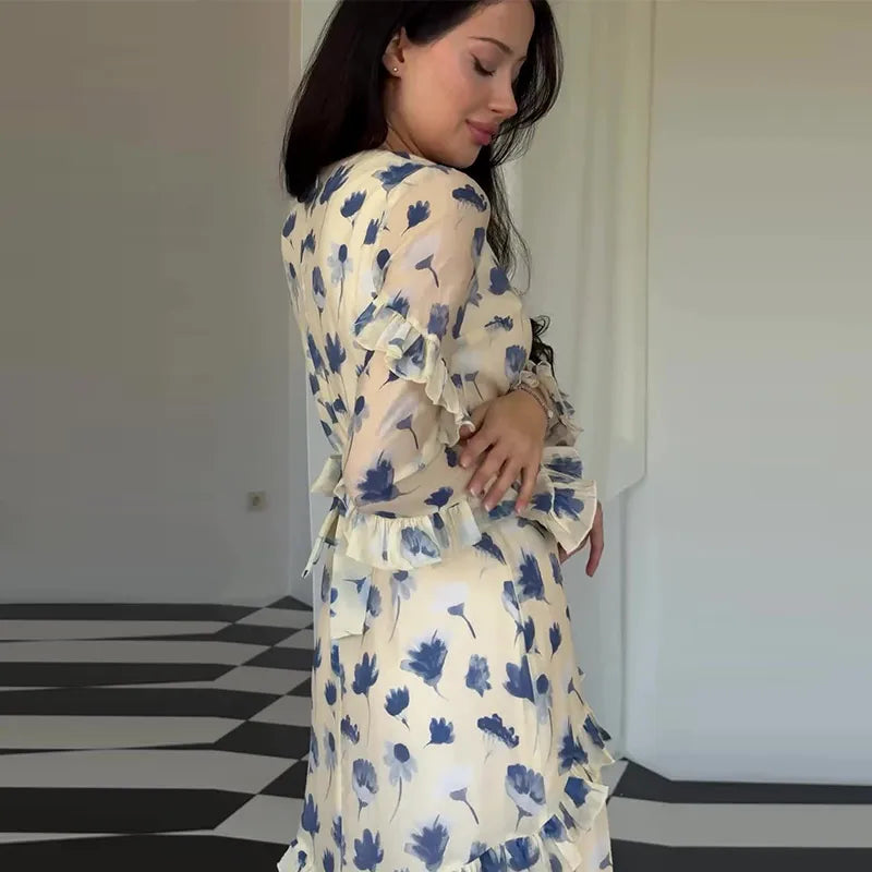 Print Chiffon Long Dress Women V Neck Half Sleeves High Waist Ruffles Belts Split Robe Female 2026 Summer Chic Vacation Dresses