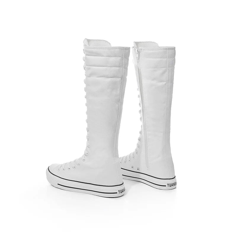 New Women's Canvas Boots Zip Shoes Comfortable Womens Shoes Flat High-top Female Sneakers Lace-up Knee-high Boots Bota Feminina