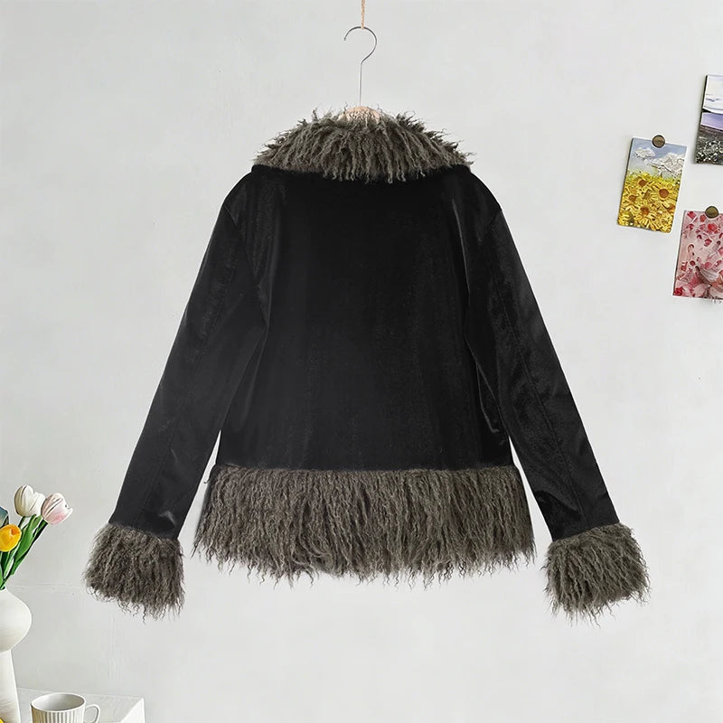 Vintage Patchwork Women's Faux Fur Trim Coat Urban Lapel Full Sleeve Female Jacket Female 2026 Autumn Winter Lady Streetwear New
