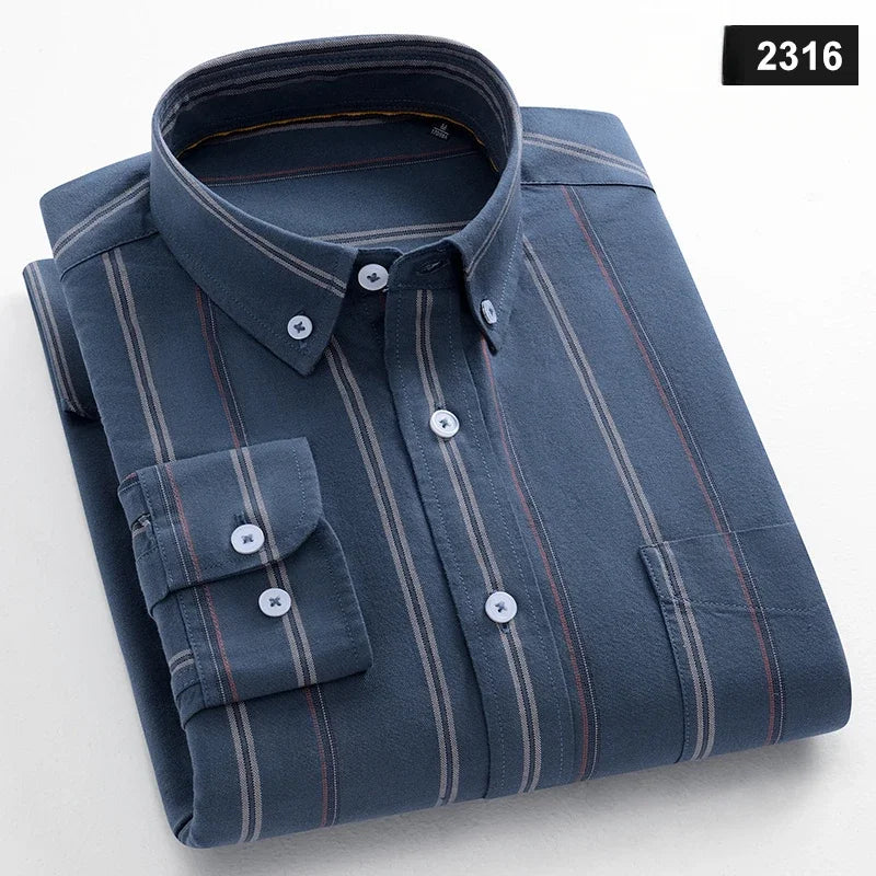 Fashion korean trends casual long-sleeve shirts for men slim fit plain shirt 100%cotton plaid striped tops soft designer clothes