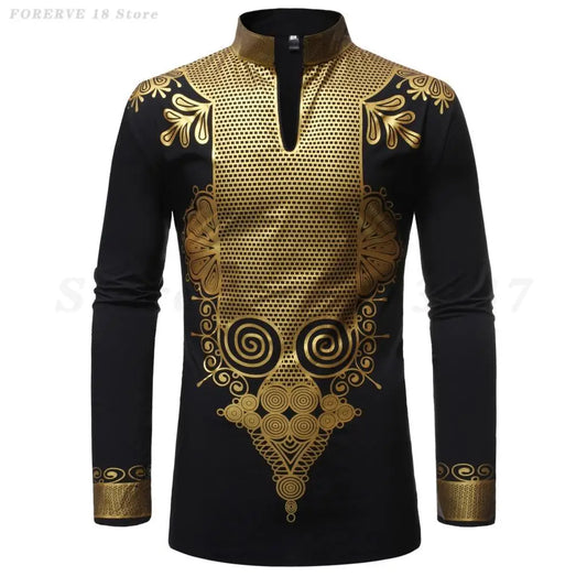 Men's Shirts Fashion Long Sleeve African Turkish Chieftain Print Robe Male Casual Blouses Traditional Ethnic Style Muslim Shirts
