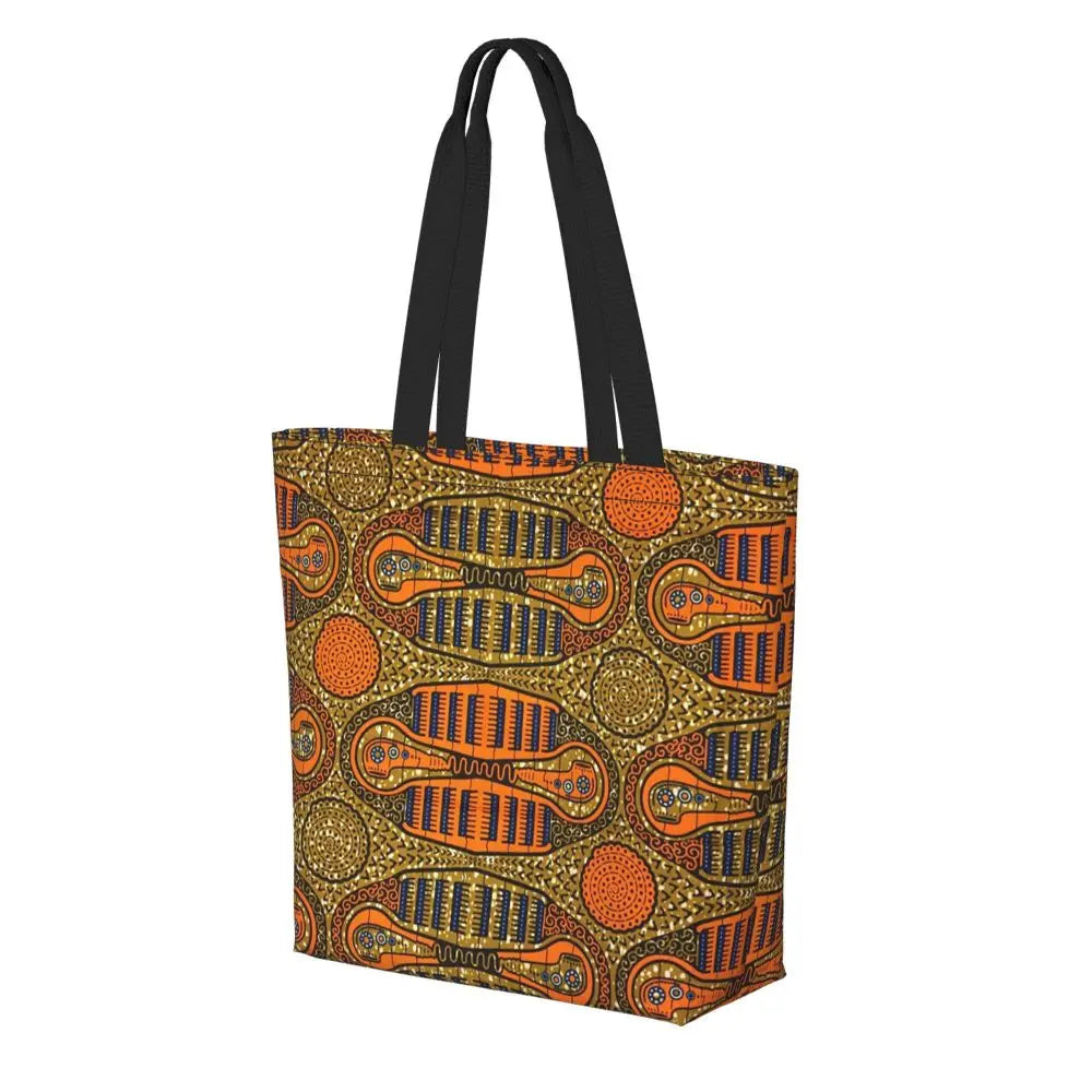 African Ankara Prints Grocery Shopping Tote Bags Women Geometric Ethnic Art Canvas Shoulder Shopper Bags Big Capacity Handbag