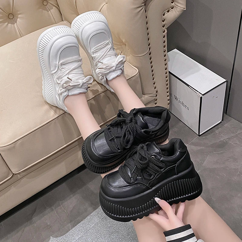 8.5CM New Synthetic Microfiber Leather Women Platform Wedge Ladies Chunky Sneakers 2024 High Brand Fashion Vulcanize Pumps Shoes