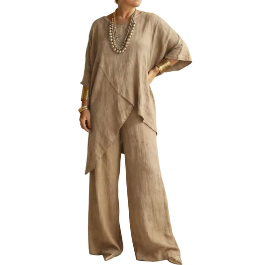 Women's Cotton Linen 2-piece Sets Large Size Casual Wear Sportswear Suit Short-Sleeved O-Neck Top Wide Leg Pants Suits For Women