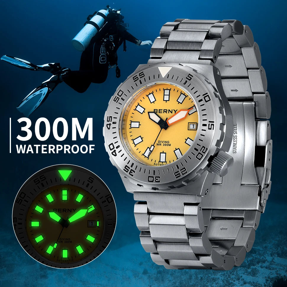 BERNY Automatic 30ATM Diver Men Watch Mechanical Wristwatches Waterproof Male Top Super Luminous Sapphire Sport Diving Watches