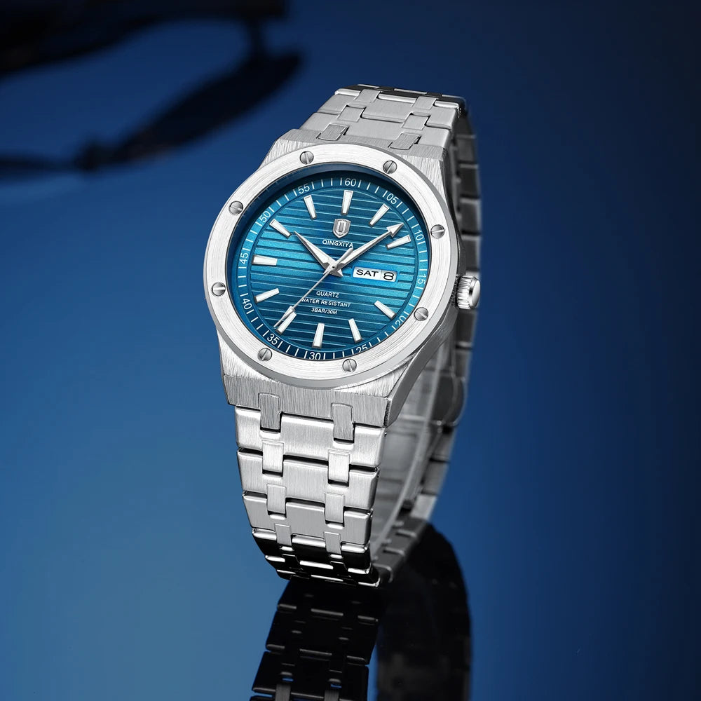 QINGXIYA New Mens Quartz Watches Top Brand Luxury Week Date Man Wristwatch Stainless Steel Waterproof Luminous Sports Men Watch