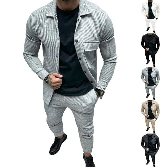 New Mens Casual Suit Heavy Twill Jacket New Solid Color Jacquard Two-piece Set for Men