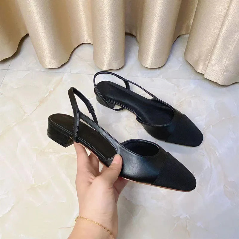 2023Spring Autumn Fashion High Heels Sandals Women's Dress Square Toe Slingback Shoes Women's Color Block Back With Flat Sandals