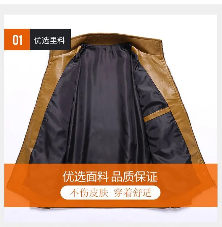 Trendy Casual Loose Jacket for Men with Velvet Thickened Winter with PU Leather Stand Collar