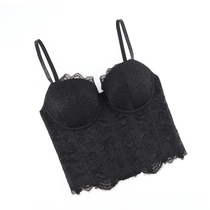 Women Corset Lace Fish Bone Bustier Vest Sexy Mesh Breathable Crop Top White Spaghetti Strap Lace Bra Burlesque Lingerie