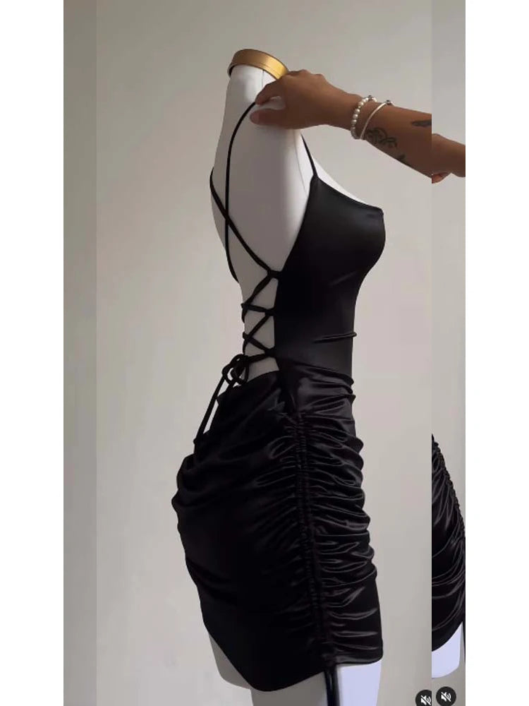Sexy Sleeveless Backless Bodycon Mini Dress Women Lace Up Party Black Y2K 2025