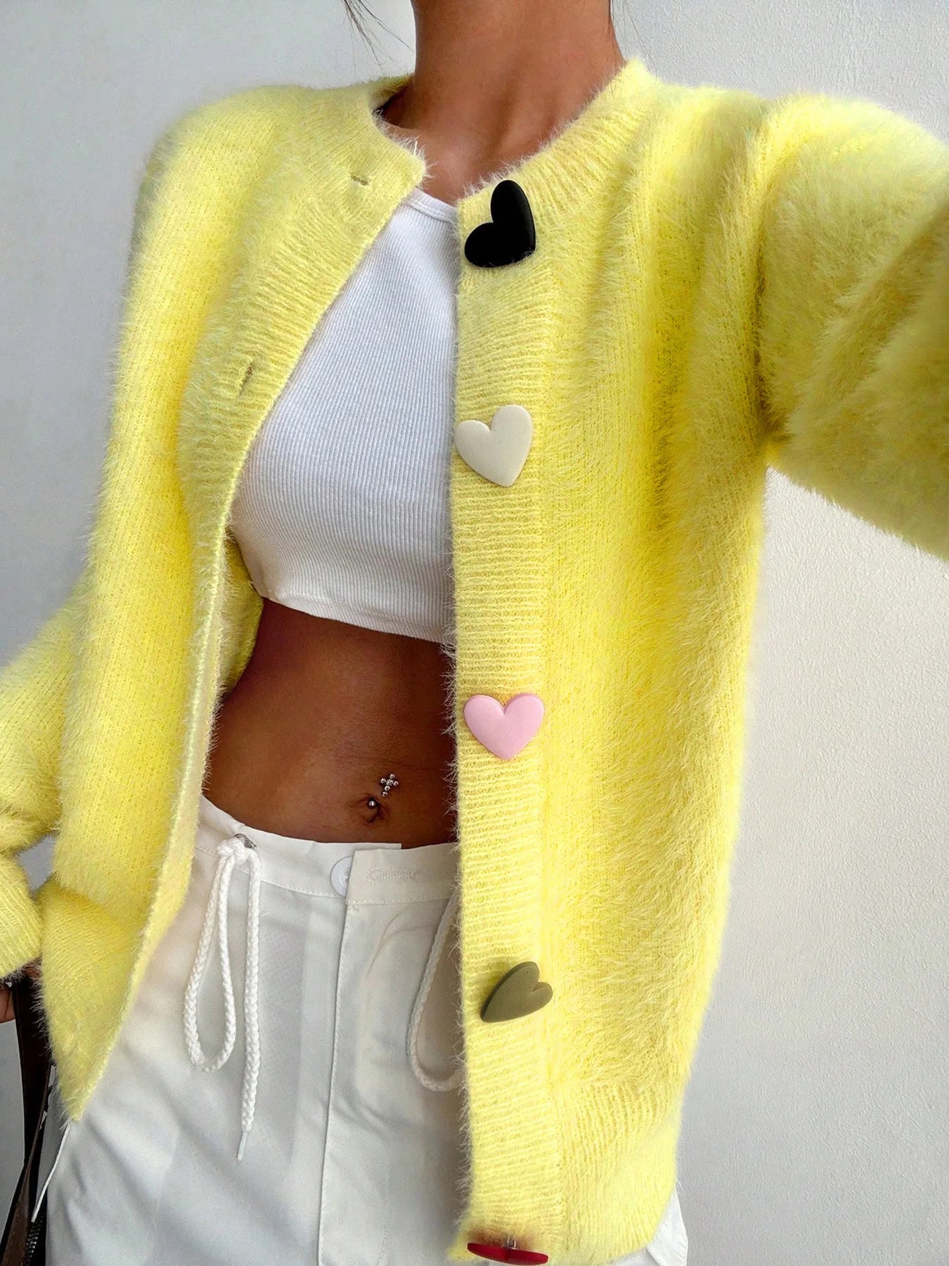 Autumn Winter Fashion Yellow Cardigan Women Heart Button Long Sleeve Knit Sweater Outerwears
