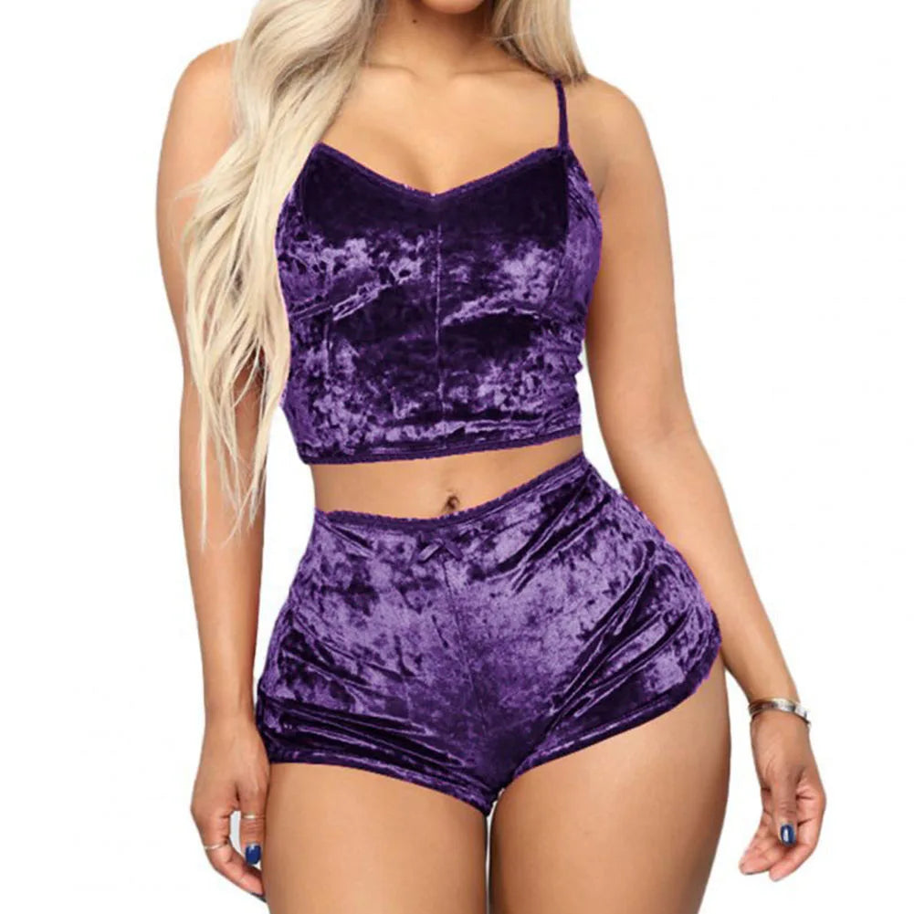 Women Sexy Pajama Set Solid Color V-neck Sleeveless Sexy Underwear Woman Solid Comfortable 2 Piece Lingerie Sleepwear Fashion
