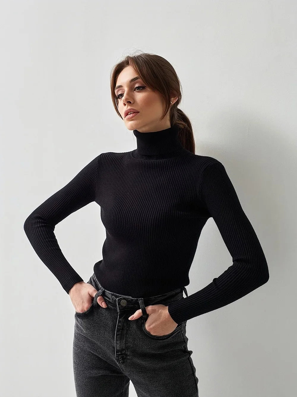 AOSSVIAO 2026 Basic Mock Neck Ribbed Sweaters for Women Cute Sexy Knitted Autumn Winter Warm Fitted Fashion Pullover Sweater