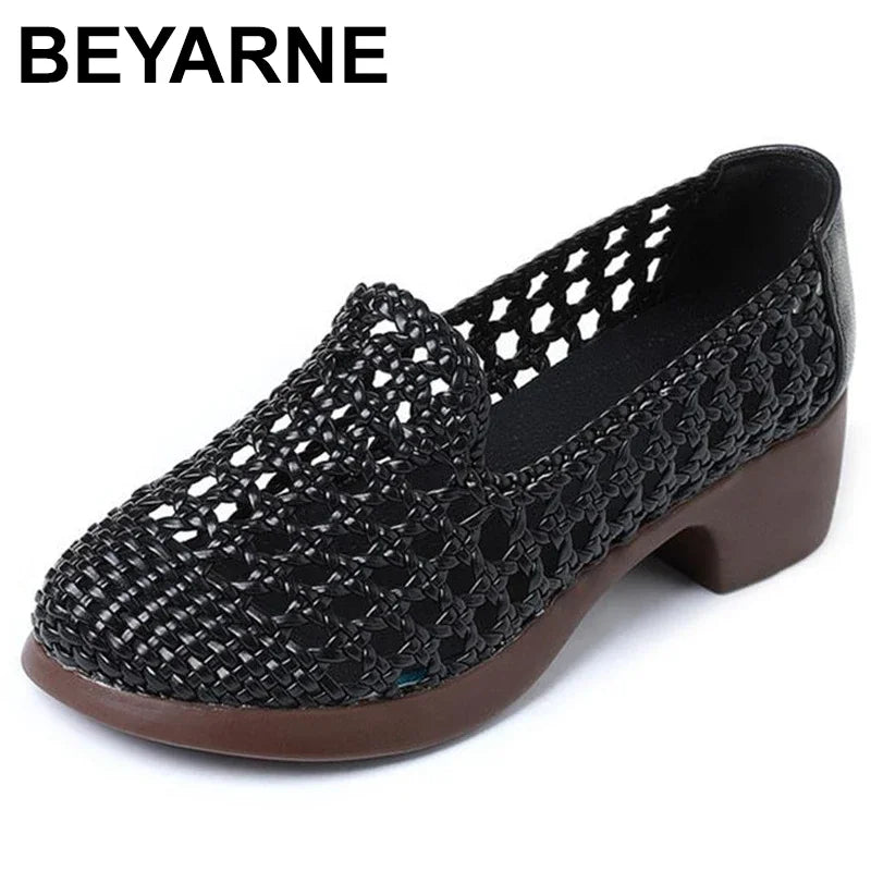 Summer Hollow Woven Breathable Shoes Women Sandals Big Size Thick Heels Genuine Leather Shoes Summer Casual Sandals