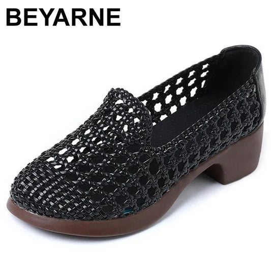 Summer Hollow Woven Breathable Shoes Women Sandals Big Size Thick Heels Genuine Leather Shoes Summer Casual Sandals