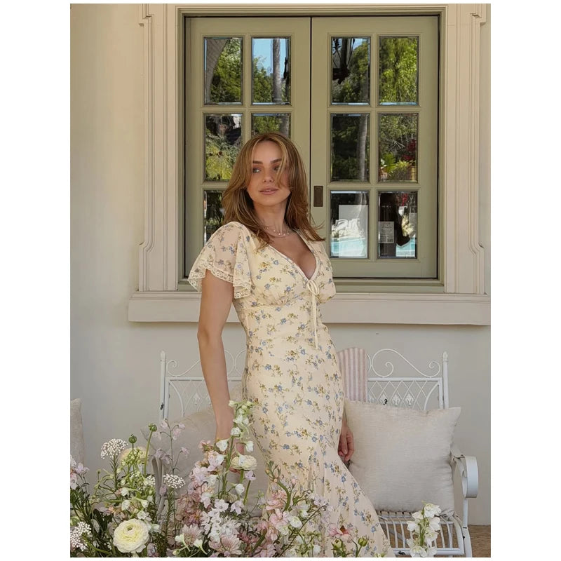 Chic Floral Puff Sleeve Women Maxi Dress Sexy V Neck Button Down Ruffle Slit Vestidos 2026 Summer New Lady Daily Party Sundress