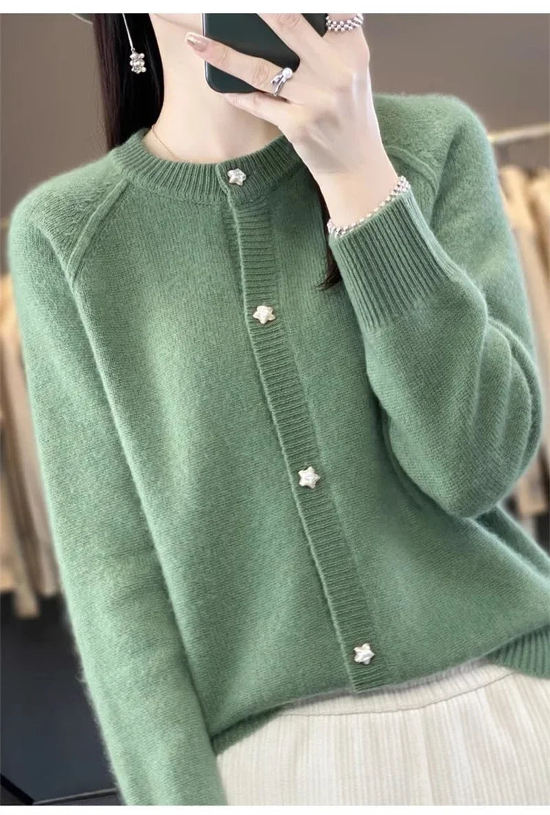 New Women Cardigan Sweater Autumn/Winter Round Neck Star Button Solid Knit Bottoming Shirt Jacket Quality Knitwear Female Tops