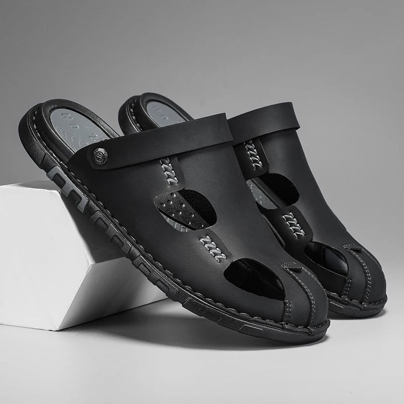 New Men's Leather Sandals Summer Slippers Beach Sandals Hollow Fashion Comfortable Outdoor Leisure Sports Sandals Large Shoes
