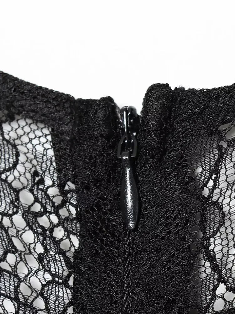 Lace Patchwork Long Evening Dress With Sheer Sleeves For Women Clubwear