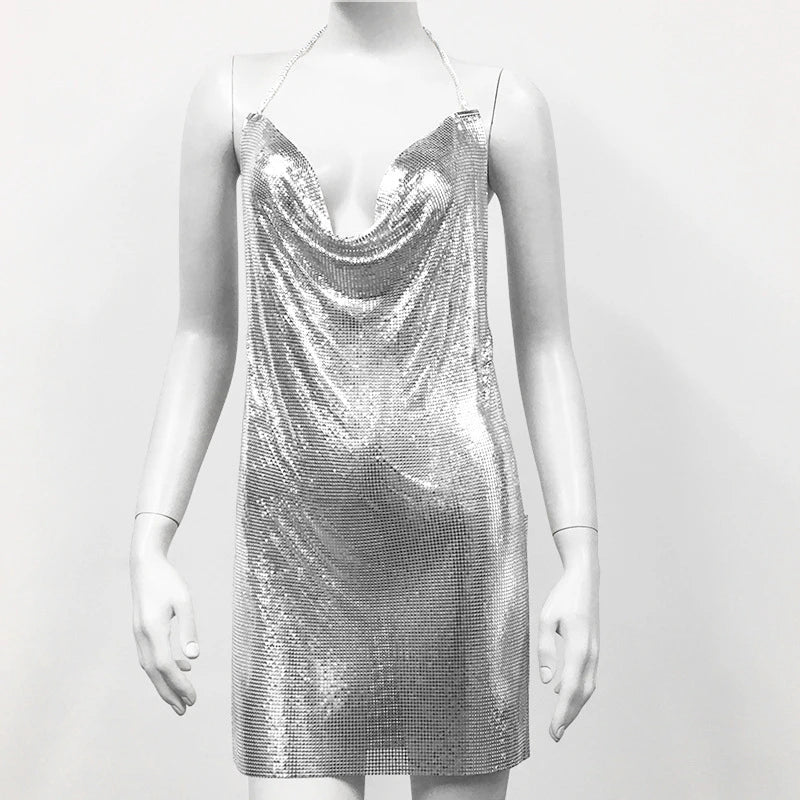 2024 Sexy Clubwear Backless Sequin Short Dress For Women Cocktail Metalic Split Mesh Harness Body Chain Club Low Cut Mini Dress