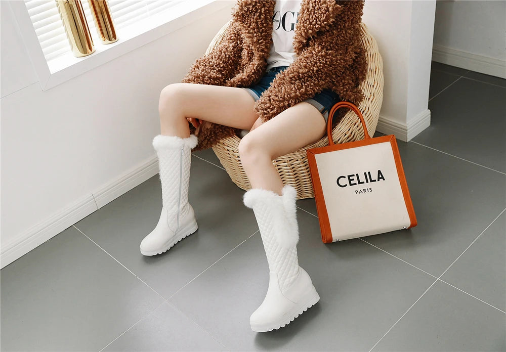 Winter Warm Fur Knee High Boots Womens Platform Snow Boots High Heels Female Padded Shoes  High Boots  Free Ship Big Size 41
