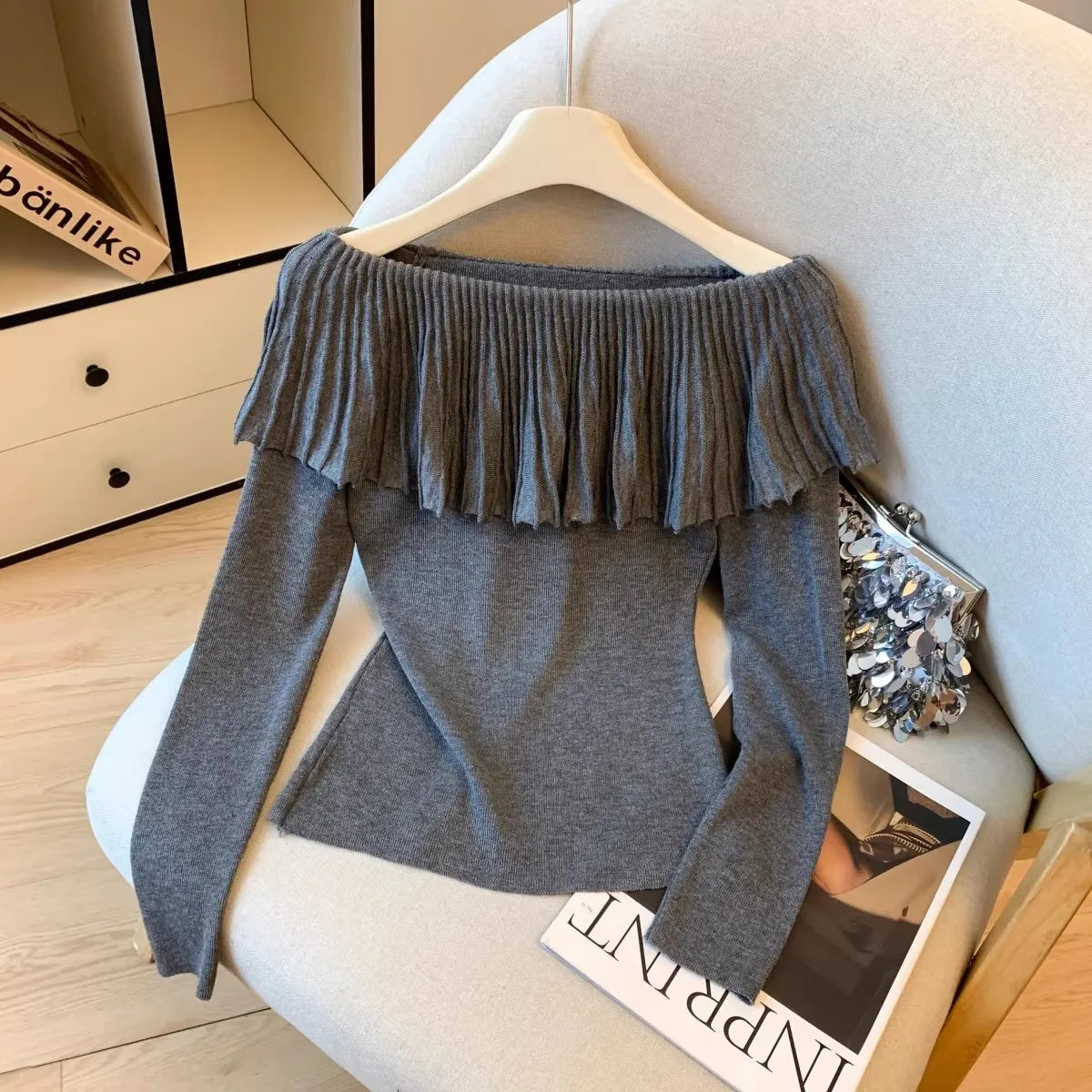 Women's Solid Color Slash Neck Ruffles Sweater Short Pullover Korean Fashion Chic Retro Style for Autumn Winter