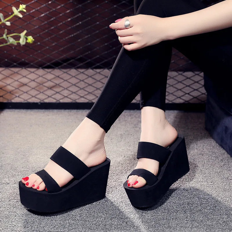 Summer New Fashion Leisure Super High Heels Wedges Chunky Sole Platform Cutout Peep Toe Women Gladiator Slippers Ladies Beach Sh