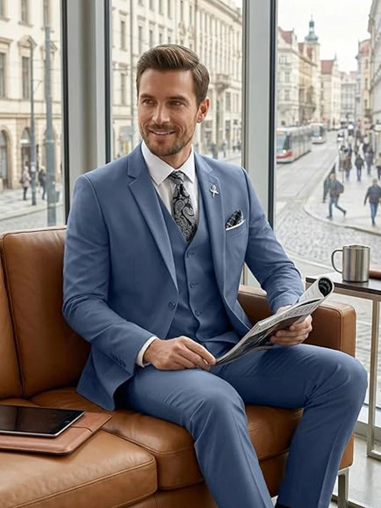 Men's Suit 3 Piece Set Blazer Vest Pants Slim Fit Formal Business Jacket Wedding Tuxedo for Groom Groomsman Business Banquet