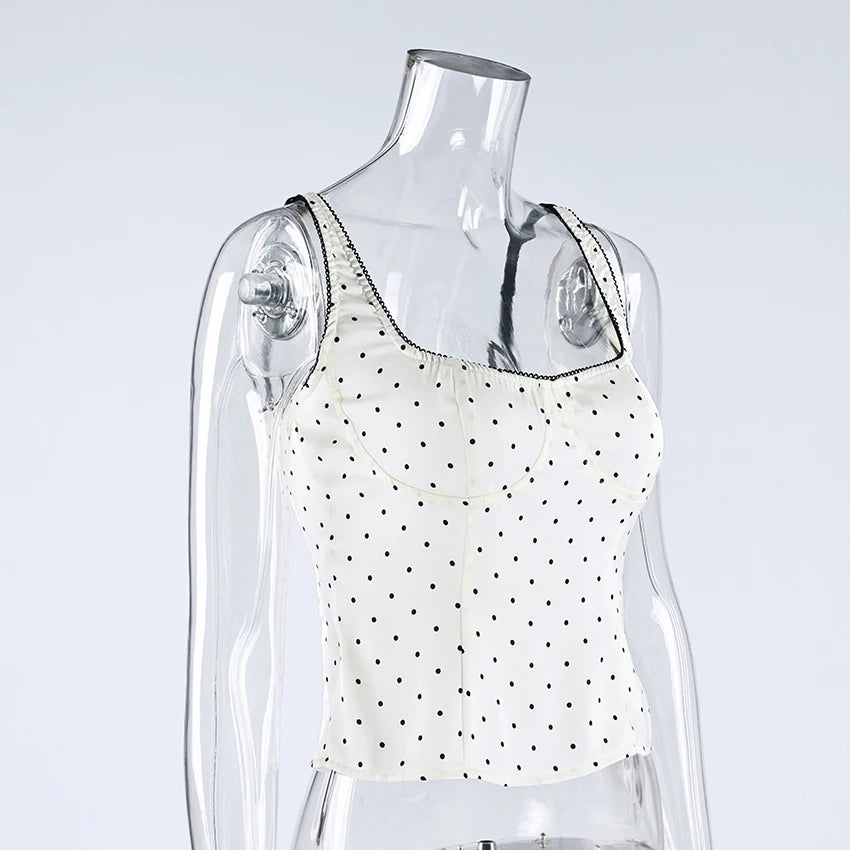 Backless Polka Dot Satin Tank Top Women Spaghetti Strap Lace Camisole Summer