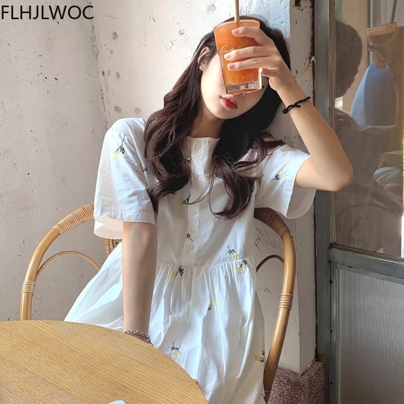 Loose Summer Cute Sweet Japanese Style Girls Flower Embroidery Retro Vintage Single Breasted Button Cotton Blends Shirt Dress