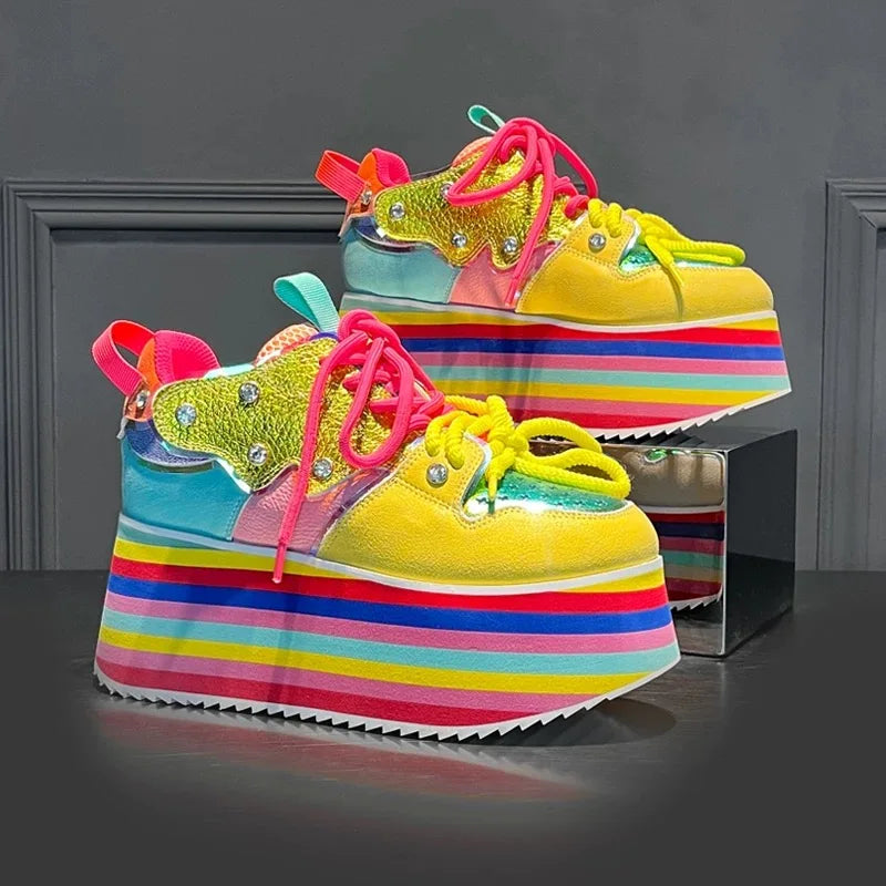 Spring Autumn Women Colourful Sneakers High Platform Shoes Heels Chunky Casual Dad Shoe Genuine Leather Thick Bottom Fashion New