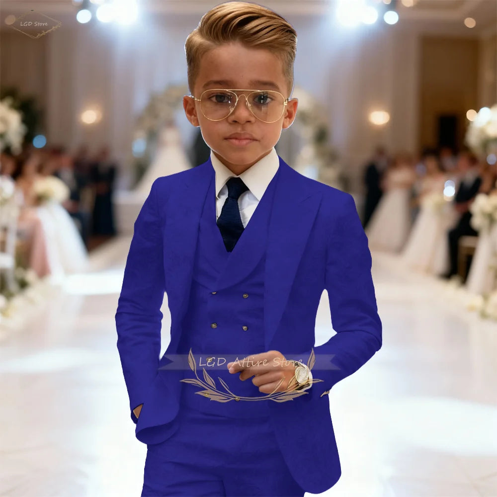 Kids Boys 3 Piece Intricate Jacquard Texture Blazer Suit Vest Trousers Elegant Gentleman Wedding Ceremony Formal Dress