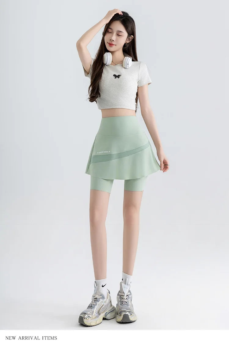 Fake Two Short Skirt Pants with Summer Pockets Crotch Half Skirt for Women High Waisted Oversized Quick Drying Sports Yoga Pants